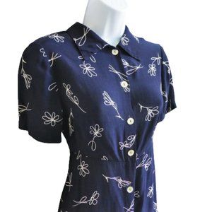Vintage USA Mark Shale Navy Midi Floral Dress Shell Button Front Empire Waist S